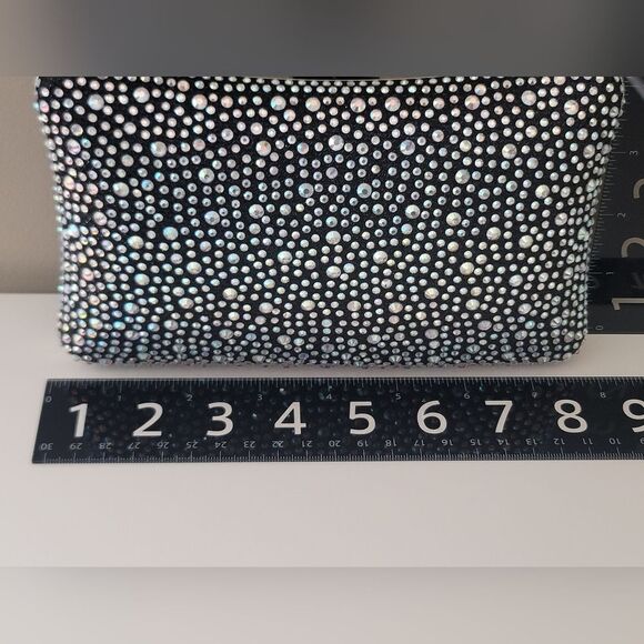 Black Clutch Bag Crystal Aurora Borealis Sparkle Silvertone Strap #551 - Picture 15 of 16